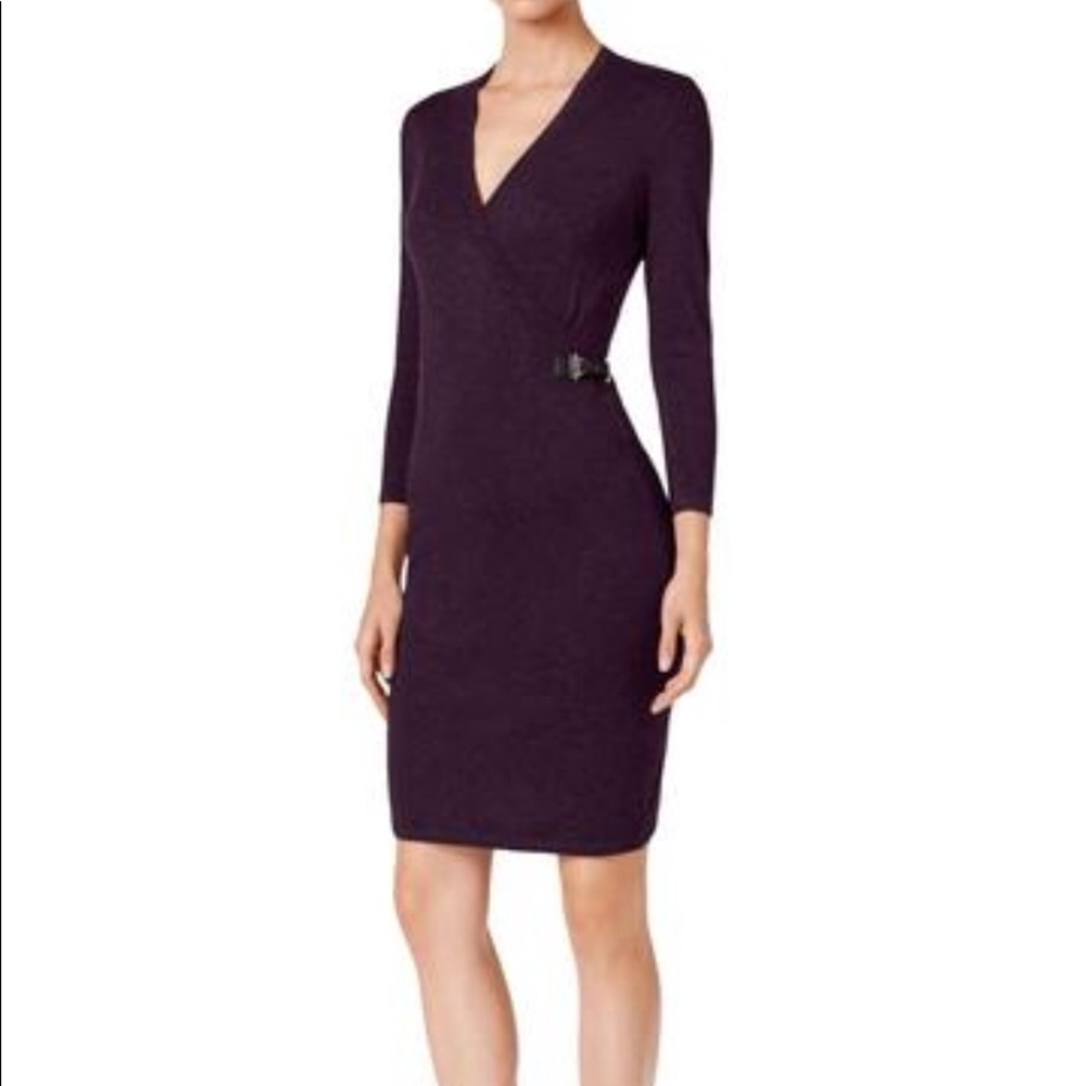Calvin Klein’s Buckle Faux-Wrap Sweater dress